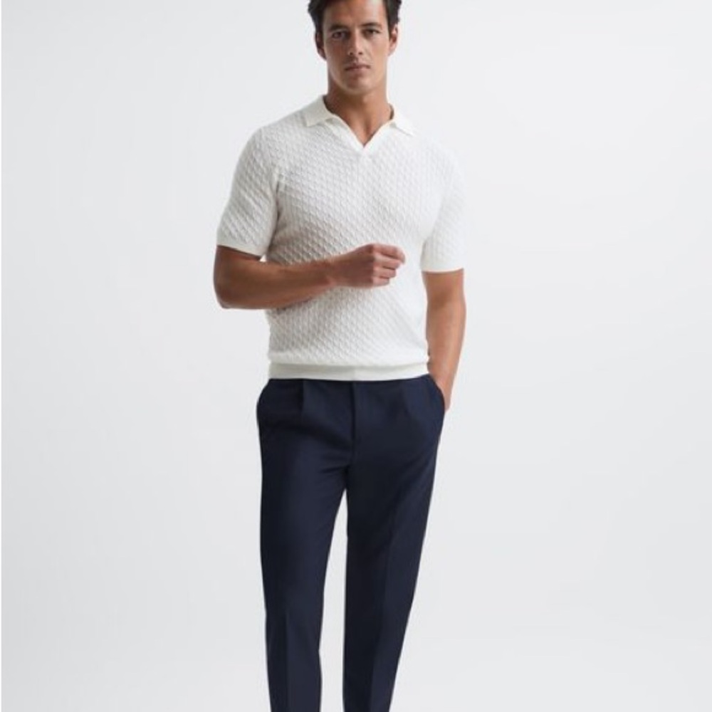Reiss white cream cable knit v neck polo shirt - Picture 2 of 8